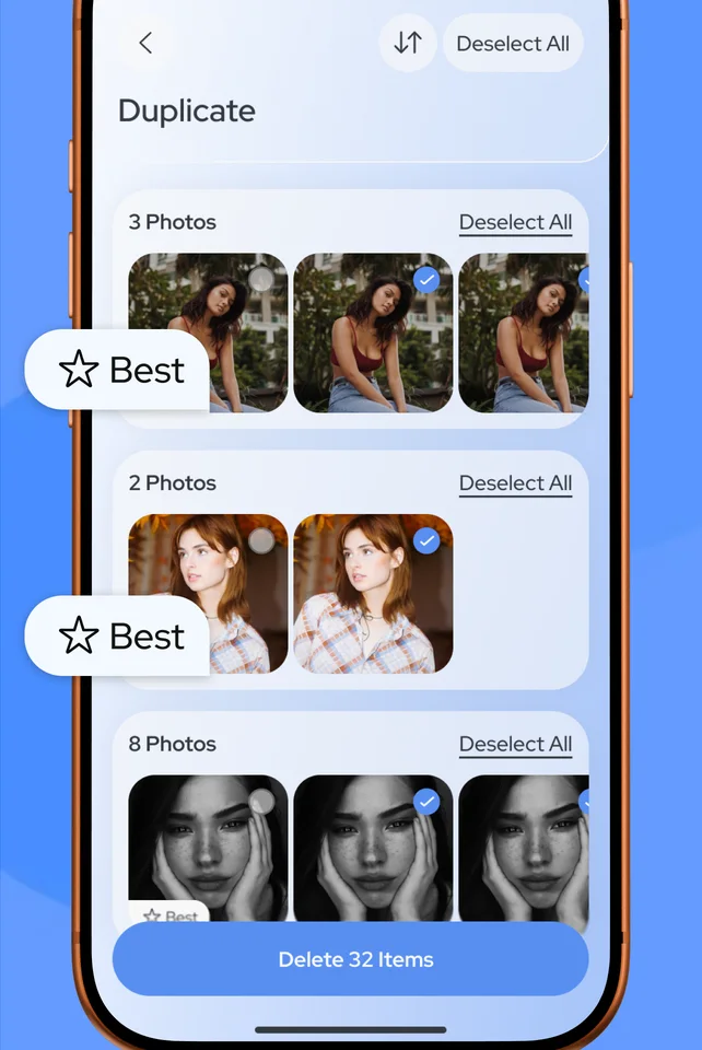 Duplicate photo groups with the best shot marked